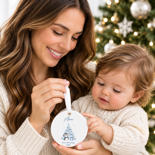 Personalised Penguin Or Reindeer Ceramic Hanging Bauble