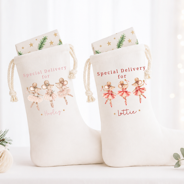 Personalised Baby’s First Christmas Stocking & Sack – Christmas Mice