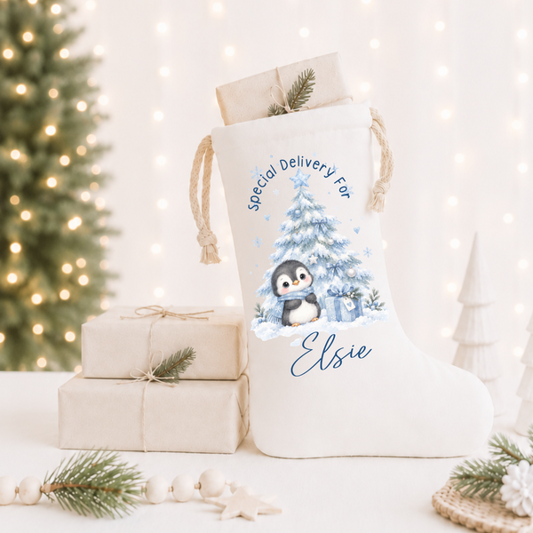 Personalised Penguin Christmas Stocking - Baby's First Christmas Keepsake