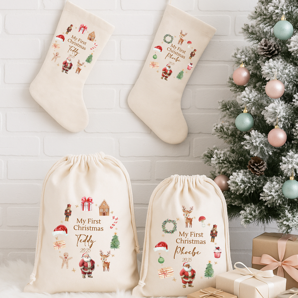 My First Christmas Stockings & Sacks – Personalised Baby’s First Christmas Gift