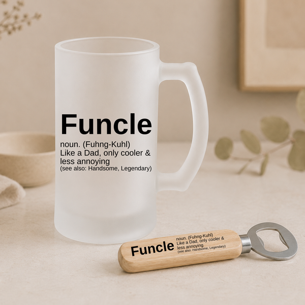Personalised Funcle Gift – Beer Stein, Bottle Opener & Coaster