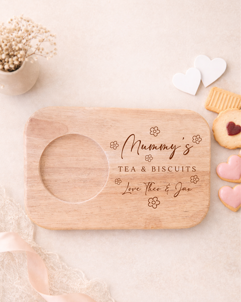 Personalised Wooden Flower Tea & Biscuit Board For Mum