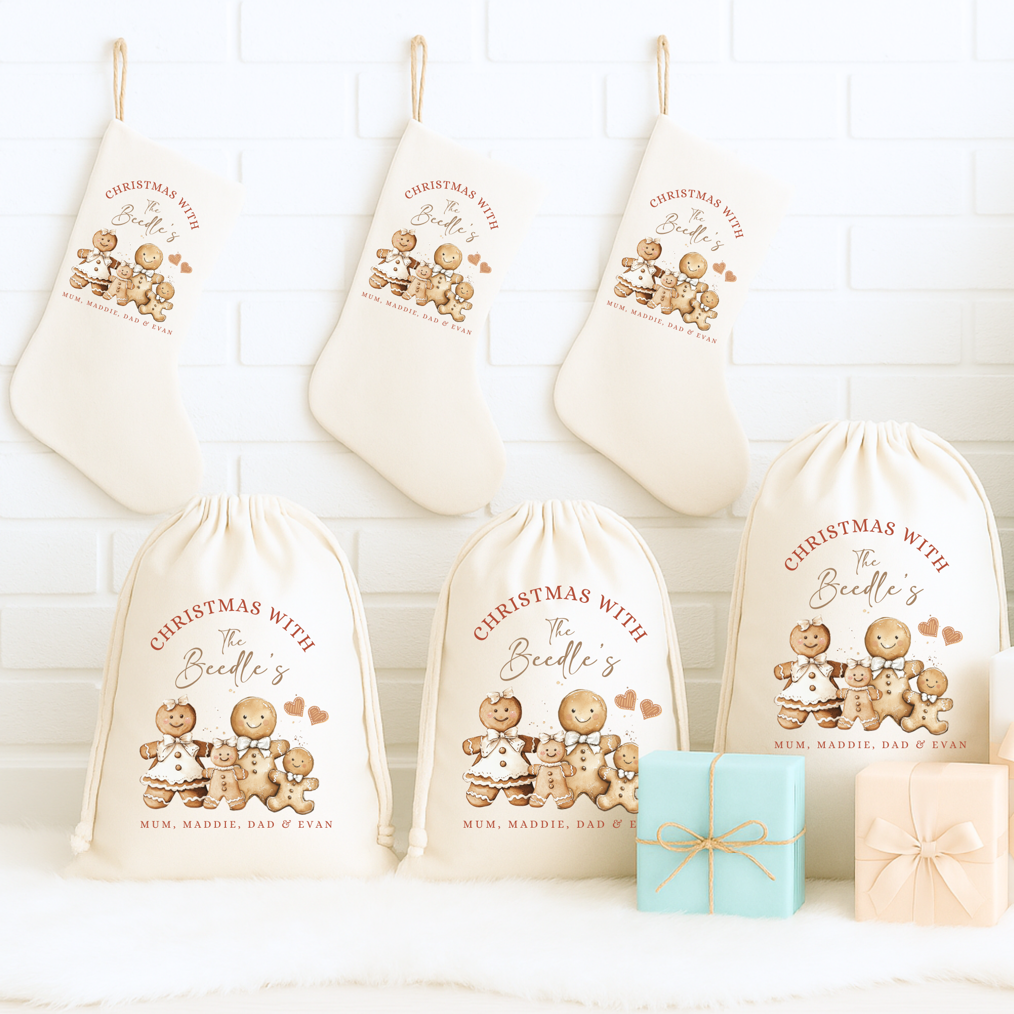 Personalised Christmas Gingerbread Man Family Stockings & Present Sack