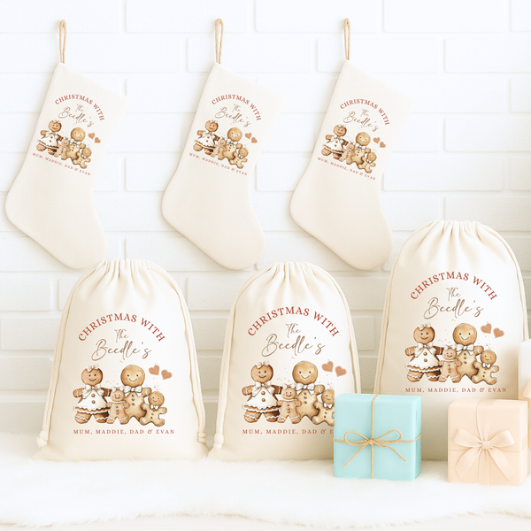 Personalised Christmas Gingerbread Man Family Stockings & Present Sack