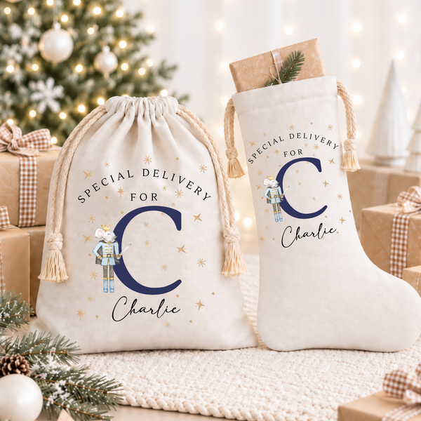 Personalised Christmas Initial Nutcracker Stocking & Present Sack