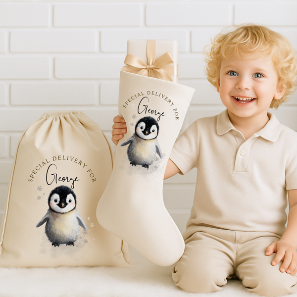Personalized Penguin Christmas Gift Sack – Custom Santa Sack with Name for Kids & Babies