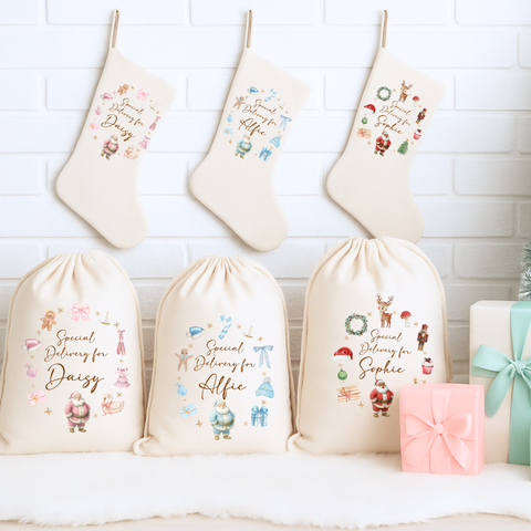 Personalised Christmas Santa Wreath Stockings & Present Sacks