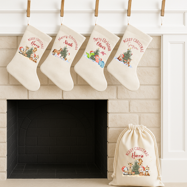 Personalised Christmas Present Sacks for Boys – Dinosaur, Farmyard, Safari & Forest Animal Gift Bags