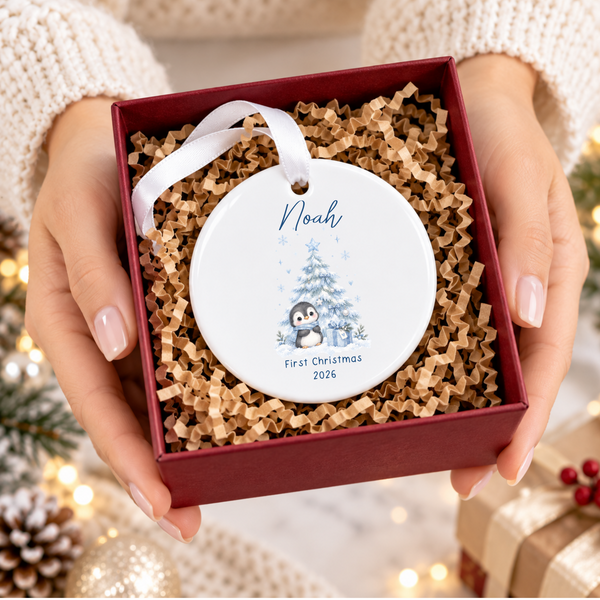 Personalised Penguin Or Reindeer Ceramic Hanging Bauble