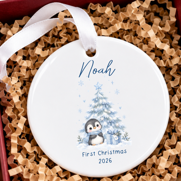 Personalised First Christmas Ceramic Hanging Bauble - Penguin Or Reindeer