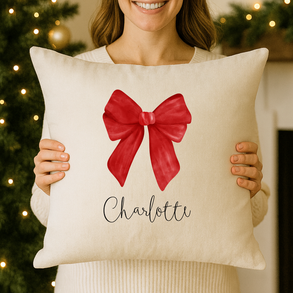 Personalised Bow Christmas Cushion – Custom Family Festive Pillow