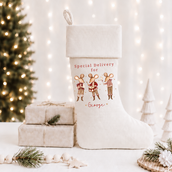 Personalised Baby’s First Christmas Stocking & Sack – Christmas Mice
