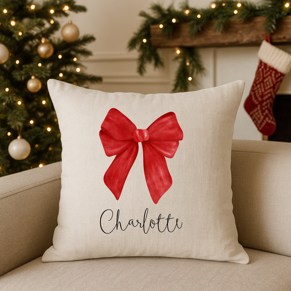 Personalised Bow Christmas Cushion – Custom Family Festive Pillow