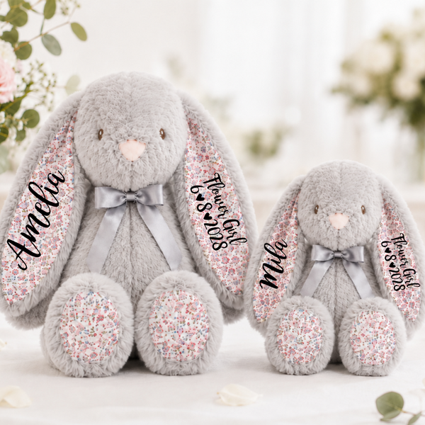 Personalised 14" Grey Floral Bunny for Flower Girl