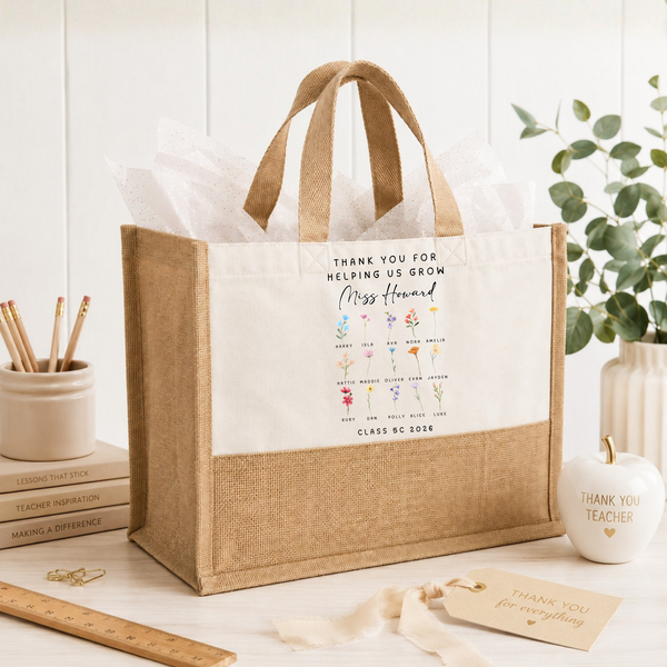 Personalised Teacher Jute Bag | Class Flower Thank You Teacher Gift