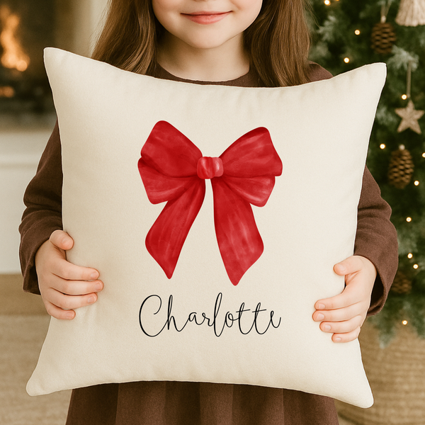 Personalised Bow Christmas Cushion – Custom Family Festive Pillow