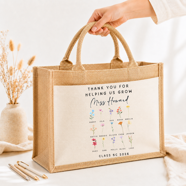 Personalised Teacher Jute Bag | Class Flower Thank You Teacher Gift