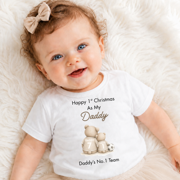 Personalised Football Bear Baby Christmas Outfit, Bib, Vest & Sleepsuit