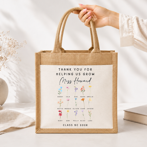 Personalised Teacher Jute Bag | Class Flower Thank You Teacher Gift
