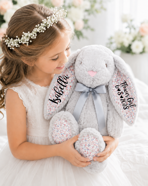 Personalised 14" Grey Floral Bunny for Flower Girl