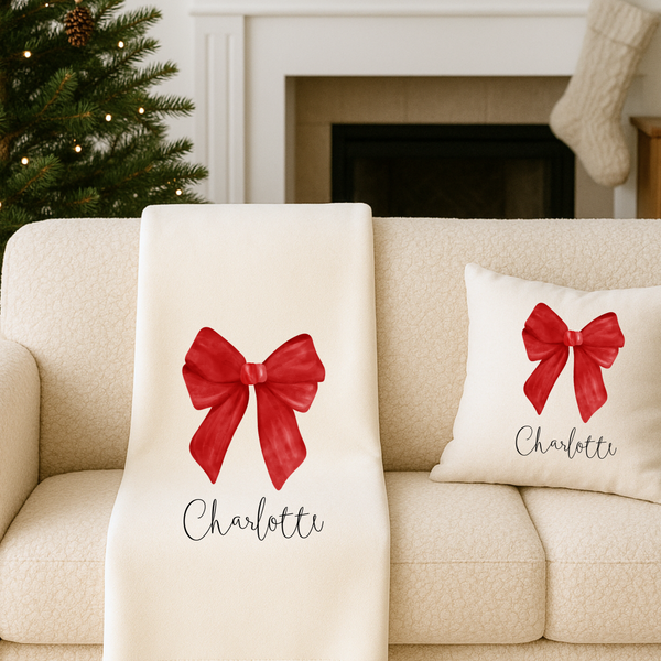 Personalised Bow Christmas Cushion – Custom Family Festive Pillow