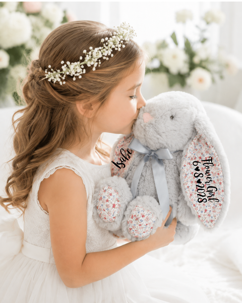 Personalised 14" Grey Floral Bunny for Flower Girl