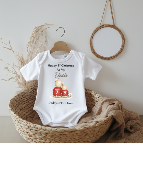 Personalised Football Bear Baby Christmas Outfit, Bib, Vest & Sleepsuit