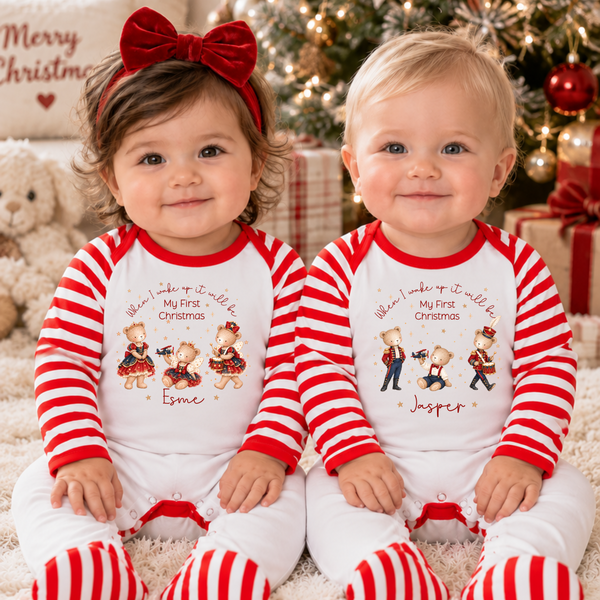 Personalised First Christmas Bear Pyjamas & Baby Sleepsuits – Matching Family PJs