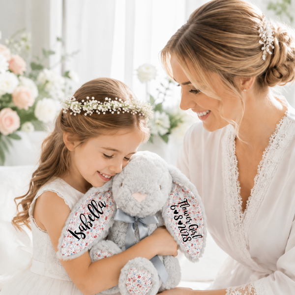 Personalised 14" Grey Floral Bunny for Flower Girl
