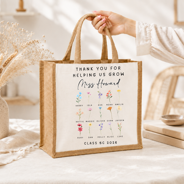 Personalised Teacher Jute Bag | Class Flower Thank You Teacher Gift