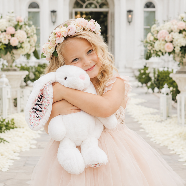 Personalised 14 Inch White Floral Bunny with Floral Ears for Flower Girls