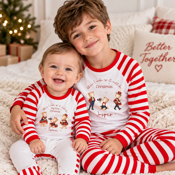 Personalised First Christmas Bear Pyjamas & Baby Sleepsuits – Matching Family PJs