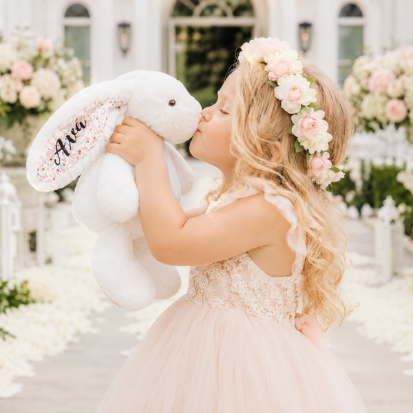 Personalised 14 Inch White Floral Bunny with Floral Ears for Flower Girls