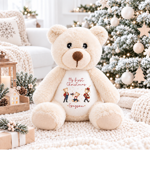 Personalised Bear First Christmas Soft Toy - Reindeer, Present Sack