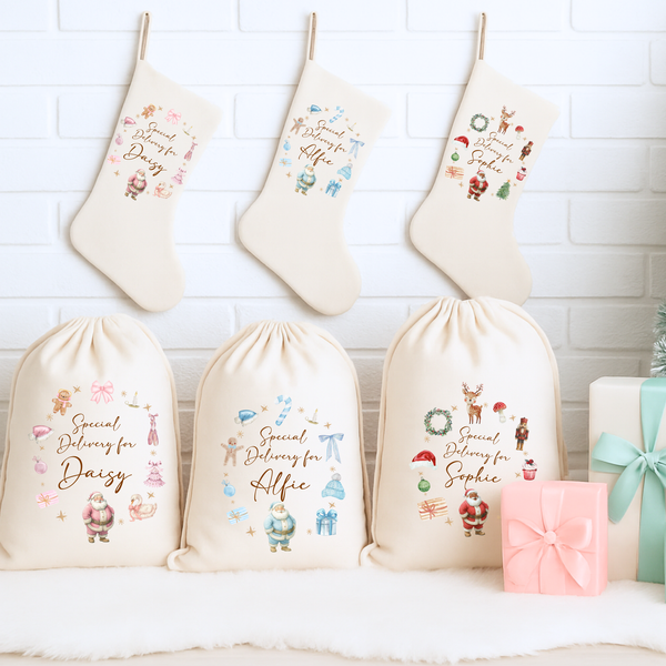 Personalised Christmas Santa Wreath Stockings & Present Sacks