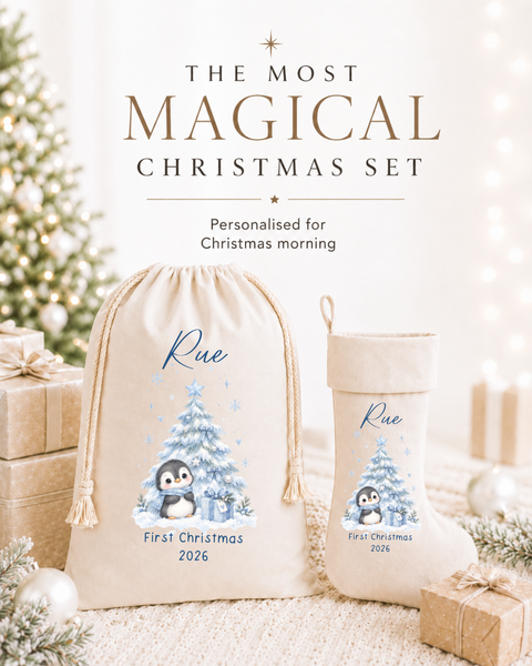 Personalised Penguin Christmas Stocking - Baby's First Christmas Keepsake
