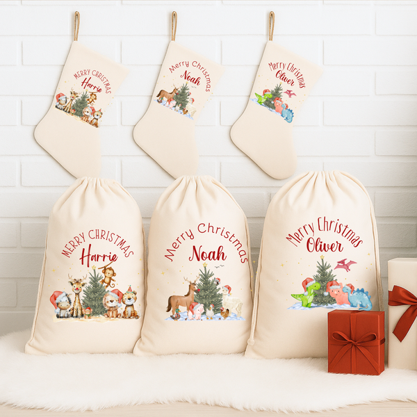 Personalised Christmas Present Sacks for Boys – Dinosaur, Farmyard, Safari & Forest Animal Gift Bags