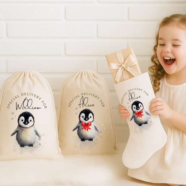Personalized Penguin Christmas Gift Sack – Custom Santa Sack with Name for Kids & Babies