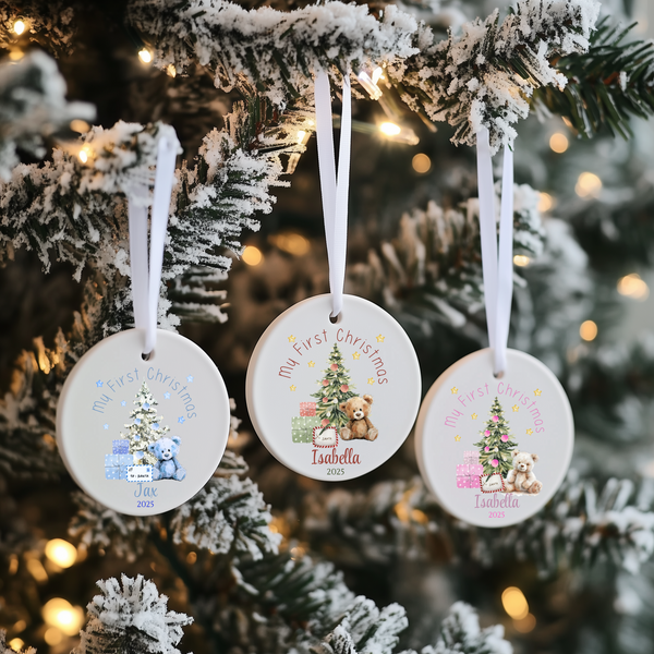 Personalised Teddy Bear Design First Christmas Ceramic Hanging