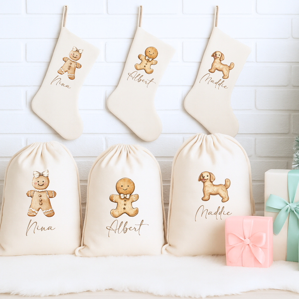 Personalised Christmas Gingerbread Man Family Stockings & Present Sack