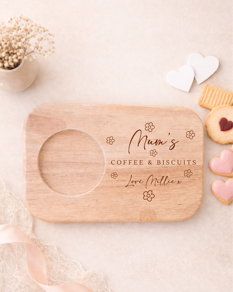 Personalised Wooden Flower Tea & Biscuit Board For Mum