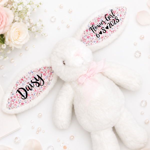 Personalised 14 Inch White Floral Bunny with Floral Ears for Flower Girls