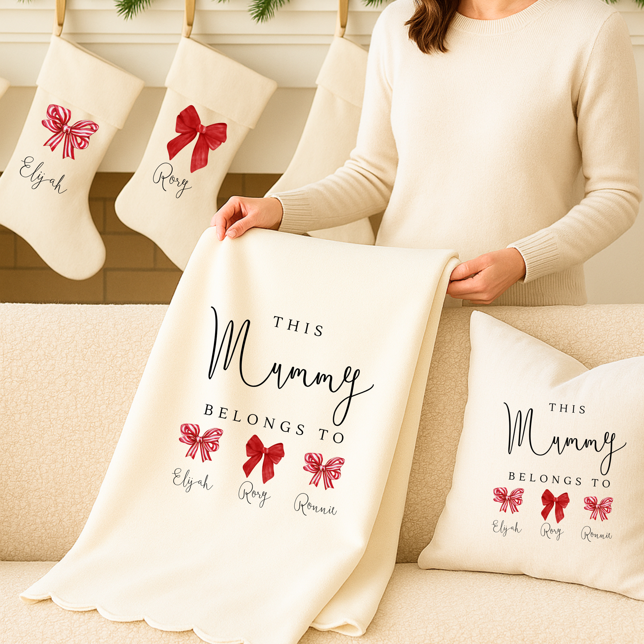 Personalised Christmas Bow Cushion & Blanket Set for Mum