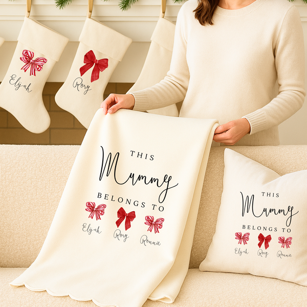 Personalised Christmas Bow Cushion & Blanket Set for Mum