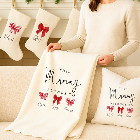 Personalised Christmas Bow Cushion & Blanket Set for Mum