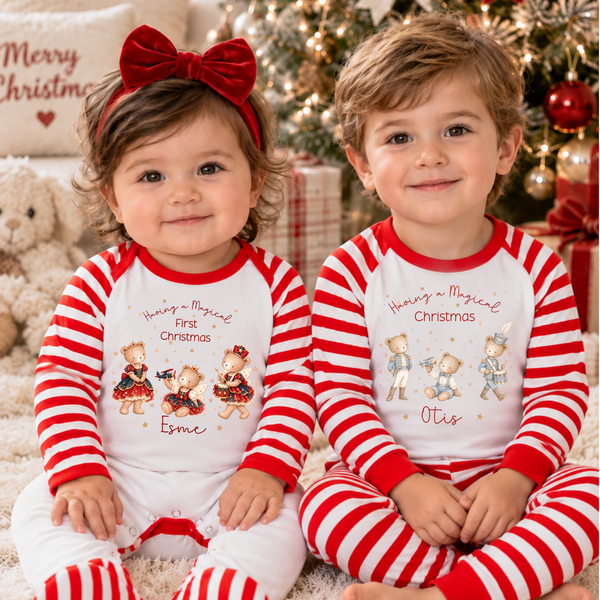 Personalised First Christmas Bear Pyjamas & Baby Sleepsuits – Matching Family PJs