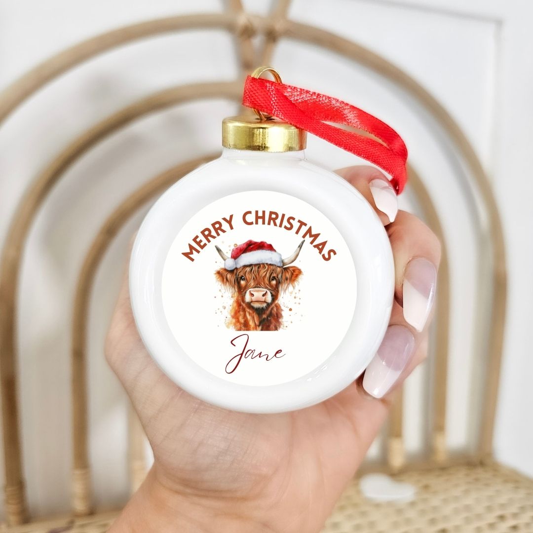 Personalised Highland Cow Ceramic Bauble, Christmas Gifts, Christmas Ornaments