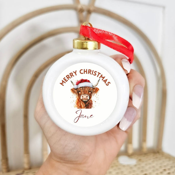 Personalised Highland Cow Ceramic Bauble, Christmas Gifts, Christmas Ornaments