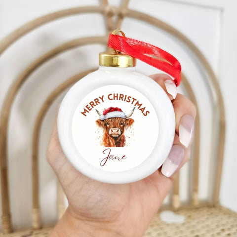 Personalised Highland Cow Ceramic Bauble, Christmas Gifts, Christmas Ornaments