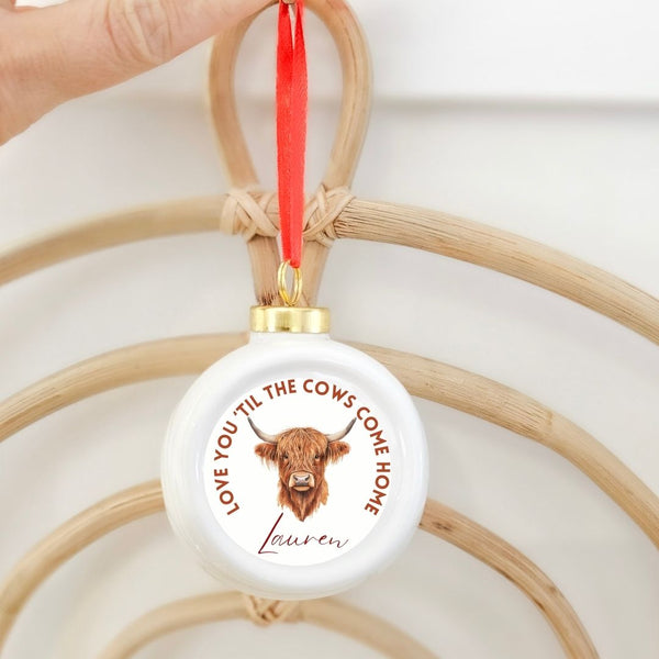 Personalised Highland Cow Ceramic Bauble, Christmas Gifts, Christmas Ornaments